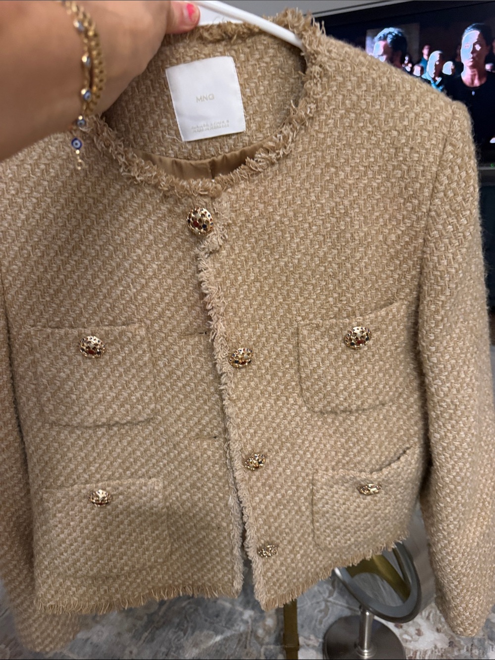 Mango Beige Bouclé Fringe-Trim Jacket with Gold Buttons